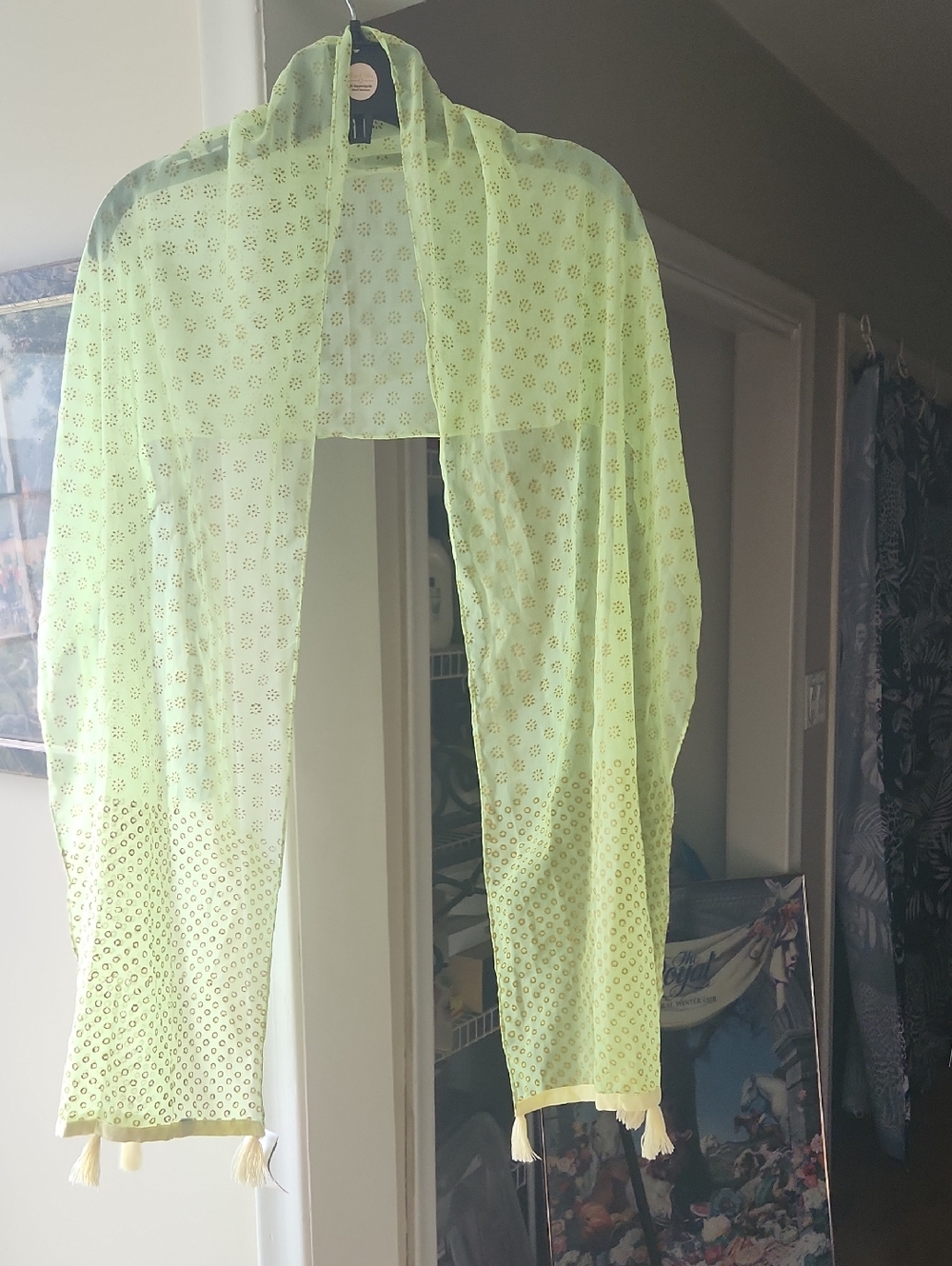 Scarf / Wrap Lime Green Sheer with gold designs & Tassels